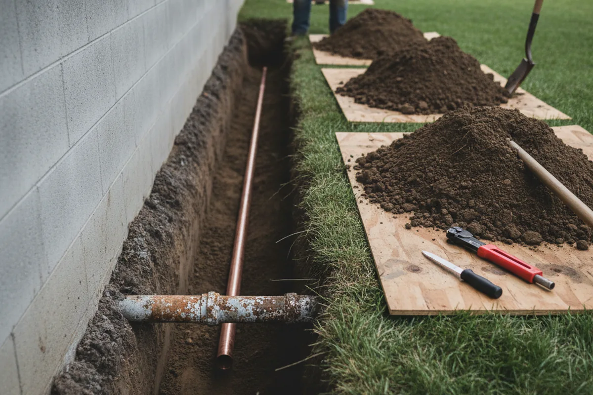 Excavated water line trench during Water Heater Repair in Hampstead